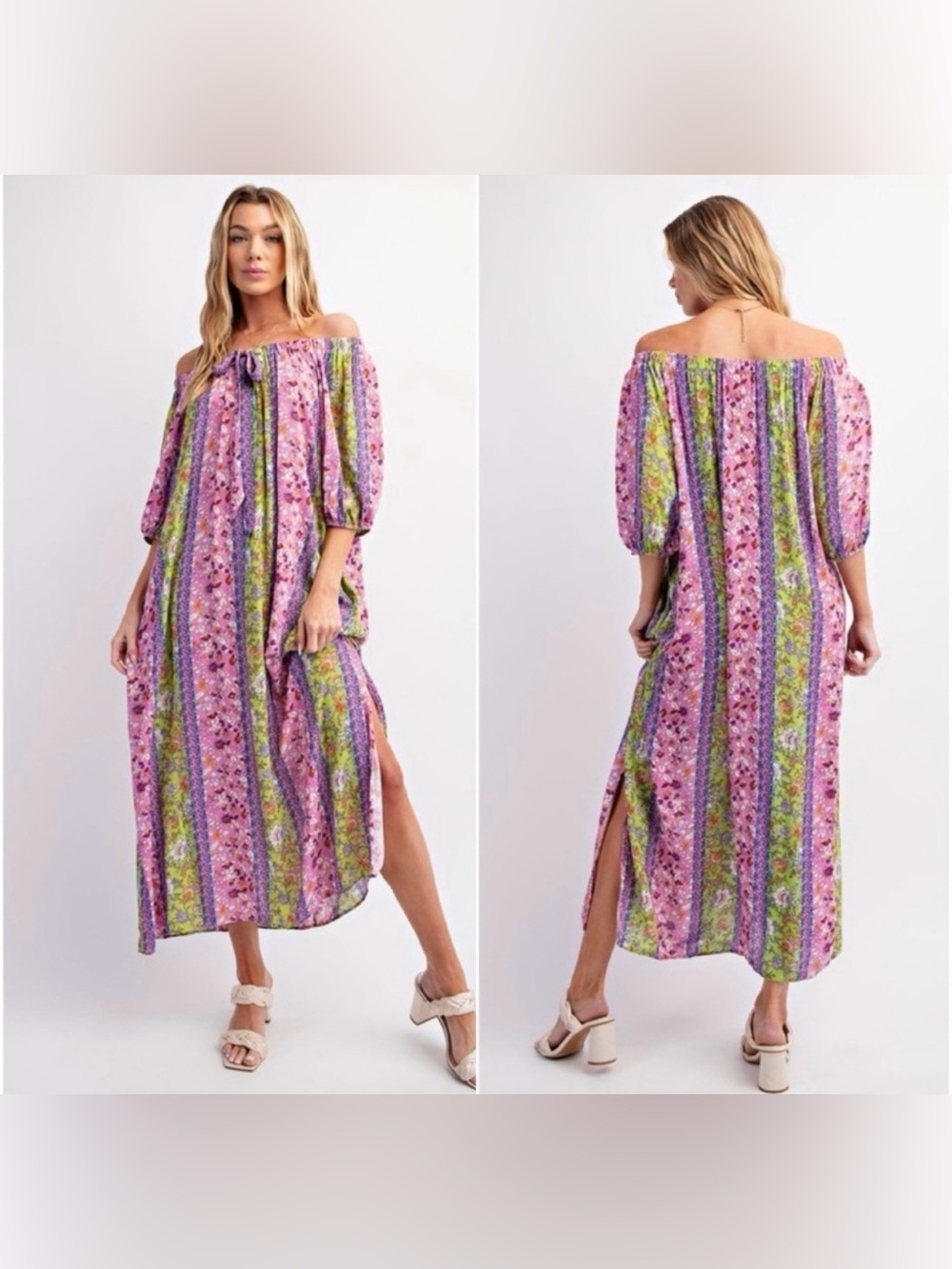 NWT Easel Pink Purple Green Floral Paisley Striped Off-Shoulder Maxi Dress - Picture 2 of 11